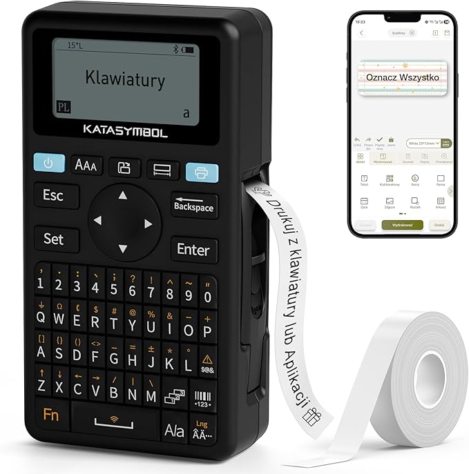 SUPVAN E11 Bluetooth Drukarka Etykiet z Etykietą & APP (Android & iOS) | Drukowanie z Klawiatury & APP, 660+ Ikon, 30+ Czcionek, Akumulator 1200mAh, Margines Etykiety 5 mm, do Szkoły, Biura & Domu