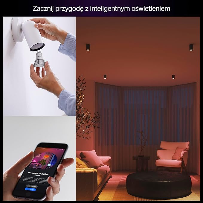 Żarówka Philips Hue Essential Smart LED – ośw. punktowe GU10, White and Color Ambiance, 4,7 W, 2200K–6500K, 345 lumenów, przyciemnianie, działa z Alexą, Asystentem Google i Apple Home, op. 1 szt. - obrazek 3