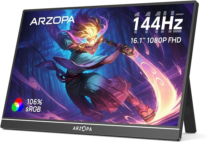ARZOPA 16,1" 144HZ Przenośny monitor, 1920×1080 FHD IPS do laptopa z pojedynczym drążkiem, obsługa HDMI/Type-C/USB-C, ekran do gier chroniący oczy do laptopa/PC/Maca/PS3/4/5/Xboxa