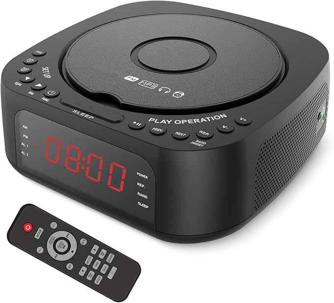 Fockety Budzik z odtwarzaczem CD i pilotem, radiobudzik Bluetooth z głośnikiem, radio FM, timer i wyświetlacz LED, boombox obsługujący płyty CD, Bluetooth, napęd USB, wejście AUX (wtyczka UE)