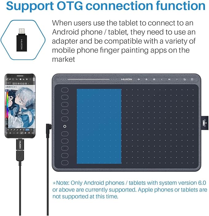 HUION 2020 HS611 Tablet graficzny, profesjonalny tablet do rysowania, rysik cyfrowy PW500 bez baterii, z przyciskami dotykowymi do multimediów (odgrywanie muzyki), łączność OTG, szary (Space Grey) - obrazek 3
