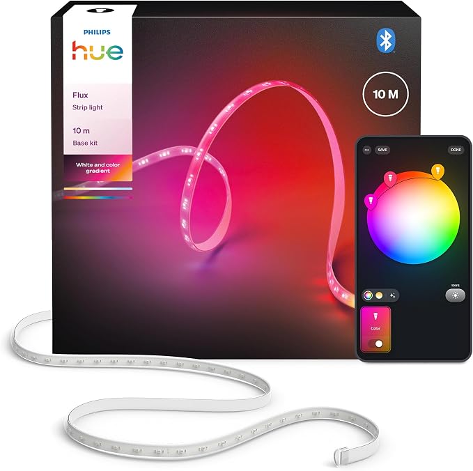 Philips Hue Flux 10 m LED, 2000 lm, żywe kolory i atmosfera, elastyczna, Chromasync™, RGBWWIC, przycinanie i przedłużanie, sterowanie aplikacją i głosem, do wnętrz.