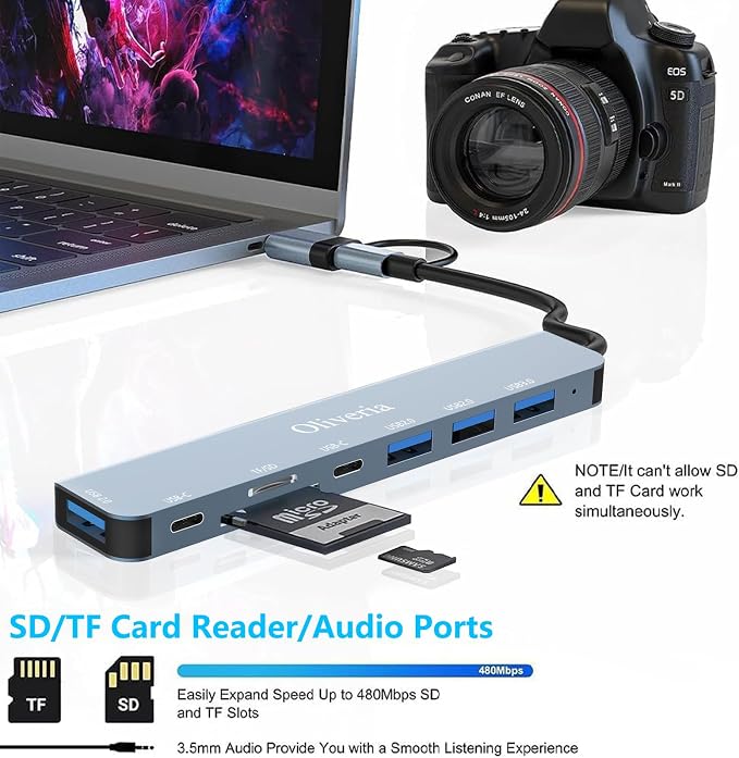 Koncentrator USB-C 3.0, wieloportowy adapter USB Hub 3.0 8 w 2 z czytnikiem kart SD i TF, portami USB 3.0 i USB 2.0, portem USB-C, do urządzeń MacBook Air/Pro, Galaxy, iPada, z systemem Windows itp. - obrazek 4