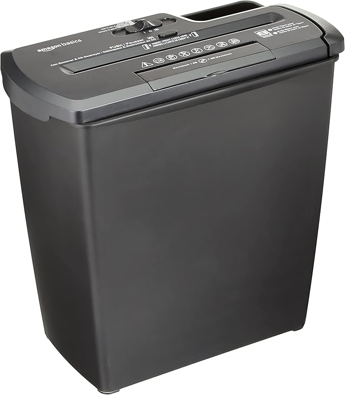 Amazon Basics Niszczarka do dokumentów, cięcie w paski, niszczarka CD, 7-8 arkuszy, czarna
