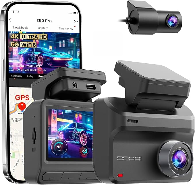 DDPAI Z50 Pro kamera samochodowa z przodu, z tyłu, 4K + 1080P, 5G WiFi6, GPS, Dash Cam 3