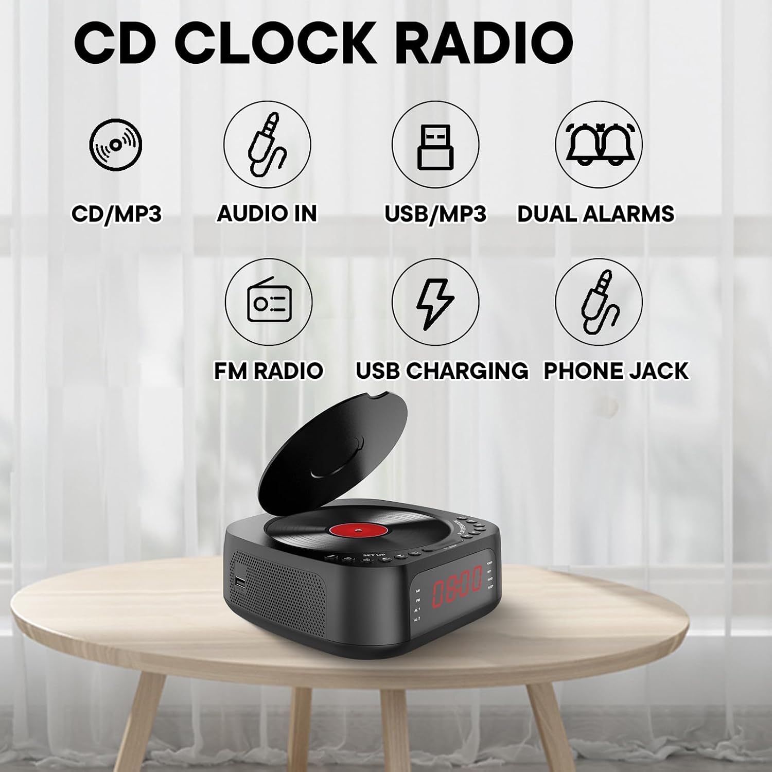 Fockety Budzik z odtwarzaczem CD i pilotem, radiobudzik Bluetooth z głośnikiem, radio FM, timer i wyświetlacz LED, boombox obsługujący płyty CD, Bluetooth, napęd USB, wejście AUX (wtyczka UE) - obrazek 3