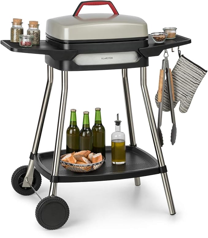 Klarstein Gatsby Grill elektryczny, grill stojący, Moc: 2000 W, EasyGrill Concept, Powierzchnia: 40 x 36 cm/Odlew aluminiowy/Nieprzywierająca/Pokrywa grilla, dwa boczne stoliki, beżowo-czarny
