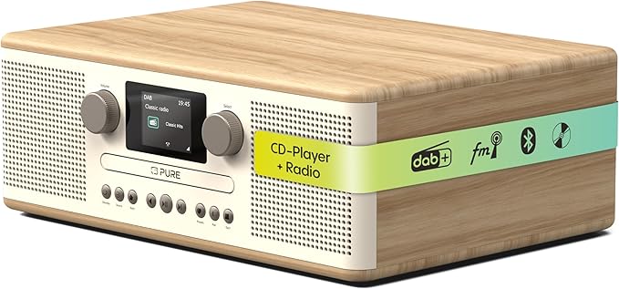 Pure Klasyczny system muzyczny C-D6 (odtwarzacz CD, DAB+/FM, Bluetooth, AUX, USB, Alarm Sleep Timer) bawełna biały/dąb