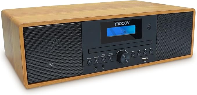 MOOOV 477380 Bezprzewodowy mikro łańcuch HiFi z efektem drewna Odtwarzacz CD Radio FM z pilotem