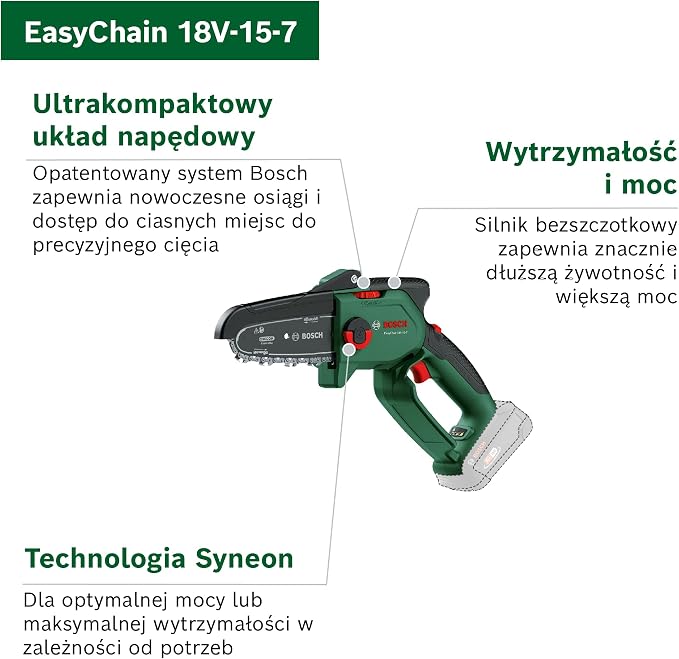 Bosch Mini piła łańcuchowa EasyChain 18V-15-7, do cięcia drewna, system 18V, prędkość łańcucha: 6,95 m/s, bez akumulatora - obrazek 5