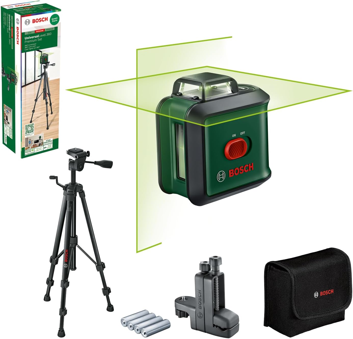 Bosch Laser krzyżowy UniversalLevel 360 ze statywem premium i uniwersalnym uchwytem MM 3 (linie laserowe: pionowa i pozioma, w tym 360° do wyrównywania elementów w pomieszczeniu, opakowanie karton) - obrazek 2