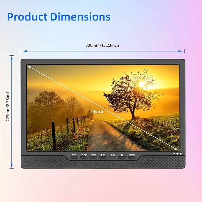 Portable digital TV, 14.0" rechargeable LCD DVB-T2 portable TV with freeview, USB port, headphone jack, remote control, AV input, HDMI - obrazek 6