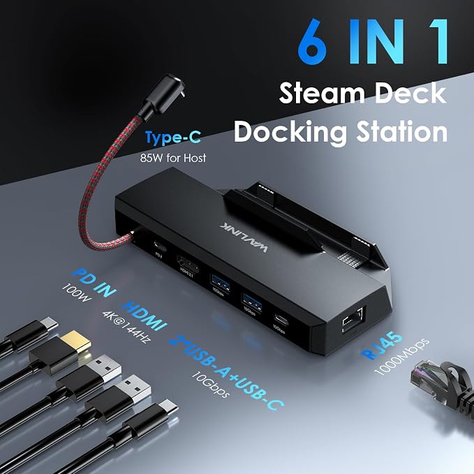 Stacja dokująca Steam Deck WAVLINK 6 w 1 do Steam Deck/ROG Ally/Legion Go z 4K przy 144 Hz HDMI 2.1, 100 W PD IN, 3 x 10G USB 3.2, Gigabit RJ45 | Moc wejściowa 100 W, Gigabit RJ45, 2 x USB-A 10 Gb/s, 1 x USB-C 10 Gb/s, kompatybilna z Steam Deck/ROG Ally - obrazek 2