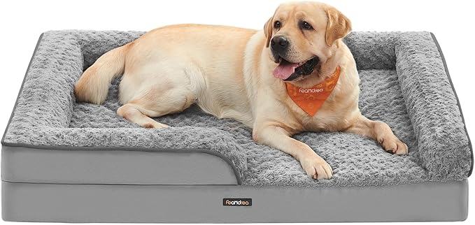 Feandrea Ortopedyczne legowisko dla dużych psów, aksamitna sofa | Ze zdejmowanym pluszowym pokryciem, 122 x 85 x 16 cm, gołębi szary i łupkowa szarość, Kolekcja BLOMFY PGW254G01