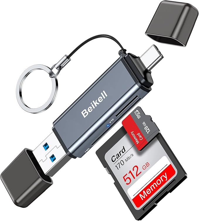 Beikell Czytnik Kart SD 3.0, Adapter Kart Pamięci USB C z Podwójnym Złączem | Obsługuje SD/SDXC/Micro SD/Micro SDXC/SDHC/MMC/RS-MMC/UHS-I, kompatybilny z iPhone 17 16 15 Series, MacBook Pro, Air, Galaxy