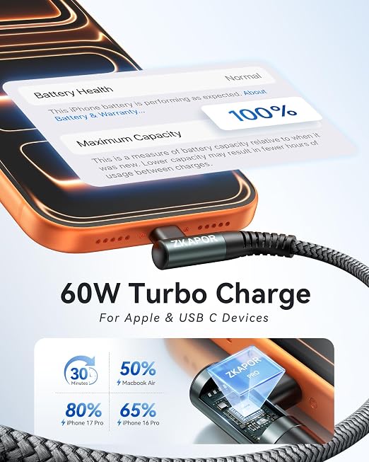 ZKAPOR Krótki kabel USB C na USB C, 30 cm kabel typu C do typu C | kąt prosty 60 W szybkie ładowanie do iPhone'a 15/15 Pro Max, Samsung Galaxy S23, Pad Pro, Air, Huawei P40 / Mate 60, Pixel - obrazek 4
