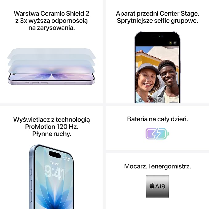 Apple iPhone 17 256 GB: Wyświetlacz 6,3 cala z technologią ProMotion, czip A19, aparat przedni Center Stage do sprytniejszych selfie grupowych i bateria na cały dzień; czarny - obrazek 5