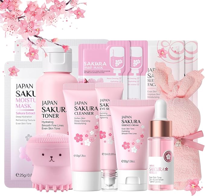 Japan Sakura zestaw do pielęgnacji skóry dla nastolatek, zestaw nawilżający, zestaw do pielęgnacji twarzy, zestaw do pielęgnacji twarzy, zestaw prezentowy dla kobiet – oczyszczające serum do twarzy,