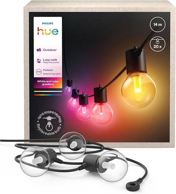Lampki sznurkowe Philips Hue Festavia Globe na zewnątrz, białe i kolorowe, 14 m, 20 żarówek, ściemniane, sterowane aplikacją Hue, współpracujące z Alexa, Google Asystentem i Apple Home.