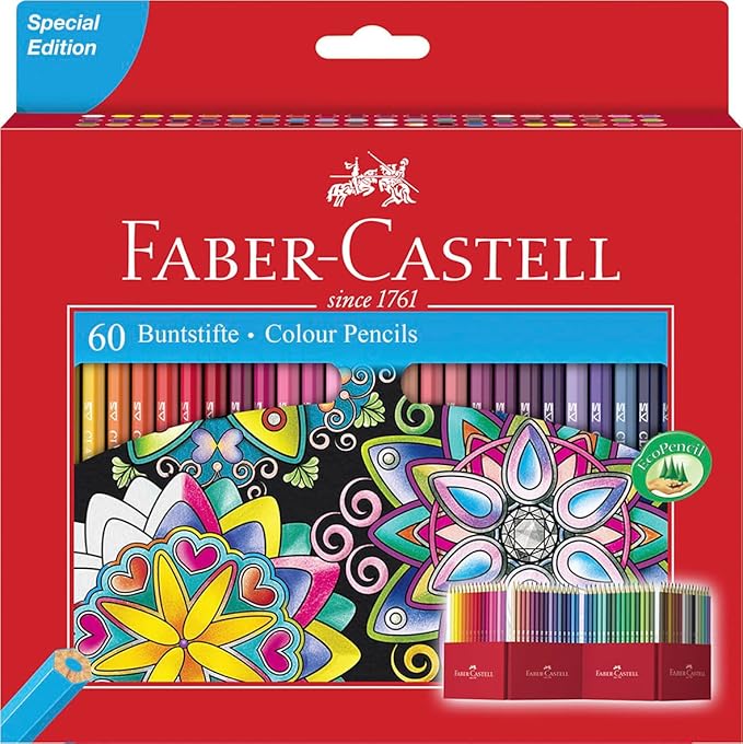 FABER-CASTELL - zestaw kredek Castle, 60 sześciokątnych kredek | Odporne na łamanie kredki o wysokiej intensywności kolorów i miękkim wkładzie dla dzieci i dorosłych