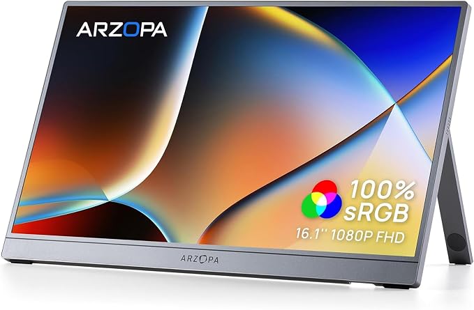 ARZOPA Monitor Przenośny Z1C 16,1" FHD 1080P 100% sRGB IPS HDR Ultra Cienki Metalowy – Ekran Przenośny do Laptopa, Mac, PC, Xbox, Switch, PS5 - Z1C Szary