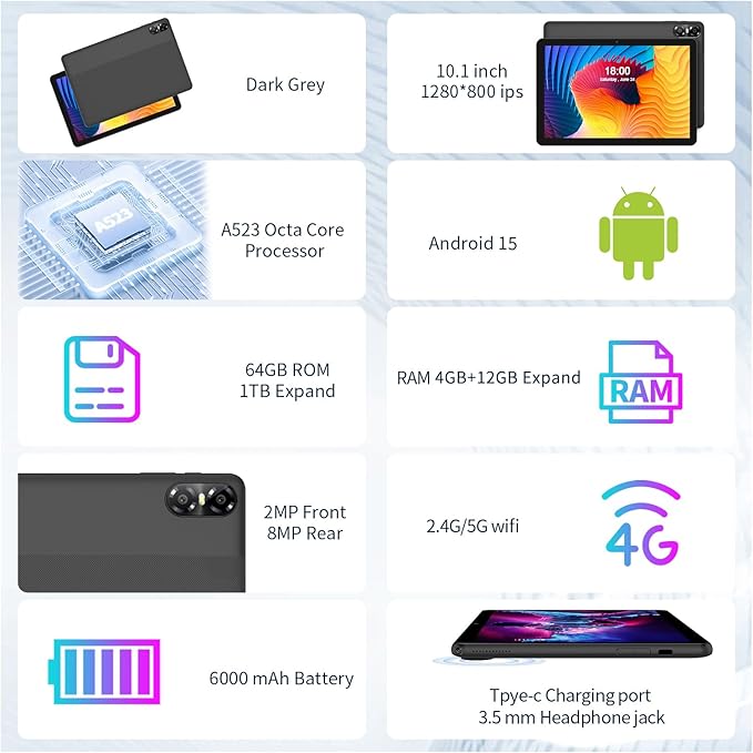 PRITOM 10-calowy tablet z klawiaturą i rysikiem, 16 GB, 64 GB ROM, Android 15, 1024 GB z możliwością rozszerzenia, Quad-Core, WLAN 6, 6000 mAh, tablet z klawiaturą, myszką - obrazek 2