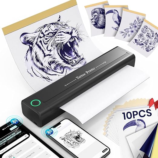 YOHOOLYO Drukarka do szablonów do tatuażu, drukarka termiczna Bluetooth 2000 mAh z systemem przeciwzmarszczkowym, przenośna maszynka do tatuażu 203DPI do systemów iOS/Android, zawiera 10 papierów