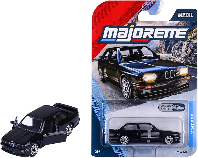 Majorette BMW M3 E30 - model samochodu z metalu z wolnym biegiem, otwieranymi częściami, samochodzik zabawkowy, samochód kolekcjonerski, czarny, dla kolekcjonerów i dzieci od 3 lat, 7,5 cm