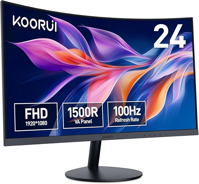 KOORUI 23.6'' Curved Monitor, Full HD, 100Hz, 3ms, 1500R gamingowy (1920x1080, VGA, HDMI, Eye Care, Regulacja Pochylenia) czarny