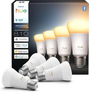 Żarówka Philips Hue Smart LED A60, White Ambiance, trzonek E27, 6 W, pełne spektrum światła 1000K–20000K, 810 lumenów, przyciemnianie, działa z Alexa, Google Assistant i Apple Home, op. 4 szt.