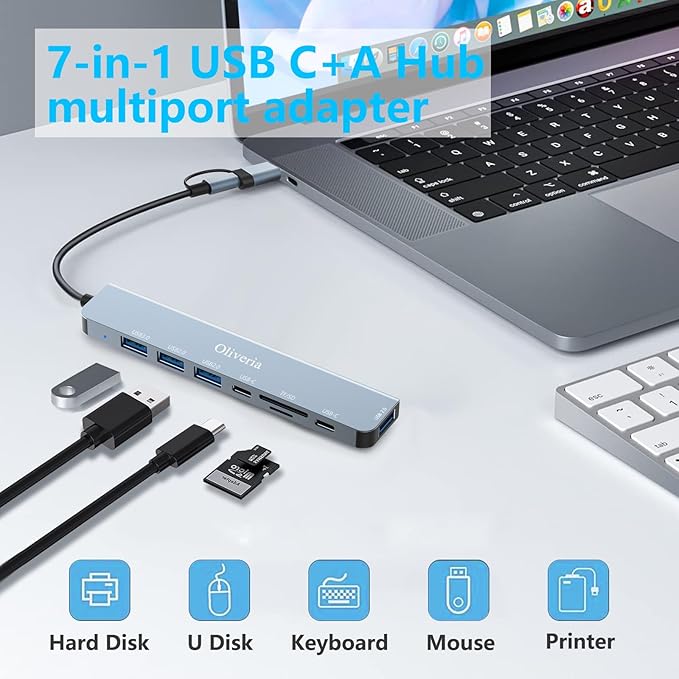 Koncentrator USB-C 3.0, wieloportowy adapter USB Hub 3.0 8 w 2 z czytnikiem kart SD i TF, portami USB 3.0 i USB 2.0, portem USB-C, do urządzeń MacBook Air/Pro, Galaxy, iPada, z systemem Windows itp. - obrazek 5