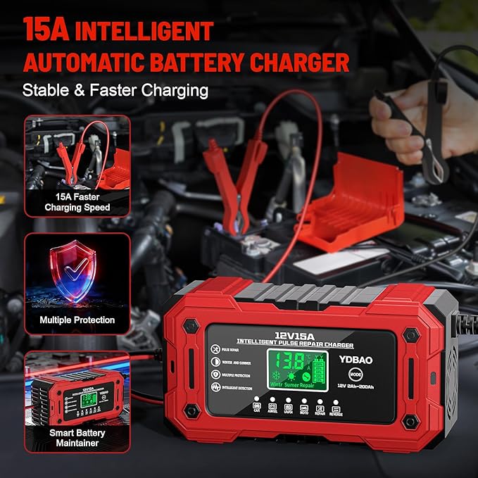 YDBAO Prostownik Samochodowy 15A 12V LiFePO4 AGM GEL EFB SLA WET - obrazek 2