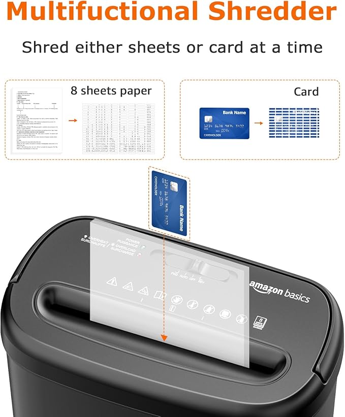 Amazon Basics Niszczarka do papieru o przekroju poprzecznym na 8 arkuszy, do papieru i płyt CD i kart kredytowych, 8 arkuszy, czarna - obrazek 7