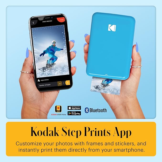 KODAK Step Natychmiastowa Drukarka Zdjęć do Smartfona - Przenośna Mini Kolorowa Bezprzewodowa Drukarka - Zdjęcia Zink 2x3” z Klejem - Bluetooth z iOS i Android - Aplikacja do Edytowania - Niebieska - obrazek 5