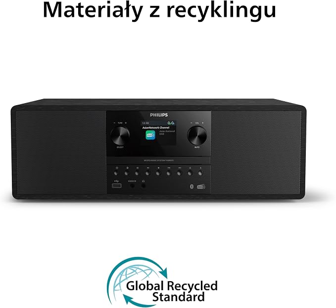 Philips TAM6500/10 Mikrowieża 100 W, Bluetooth 6.0, Auracast, radio DAB+/FM, CD/USB/wejście audio, głośniki Bass‑Reflex, kolorowy wyświetlacz, pilot, plastik pochodzący z recyklingu – czarny - obrazek 2