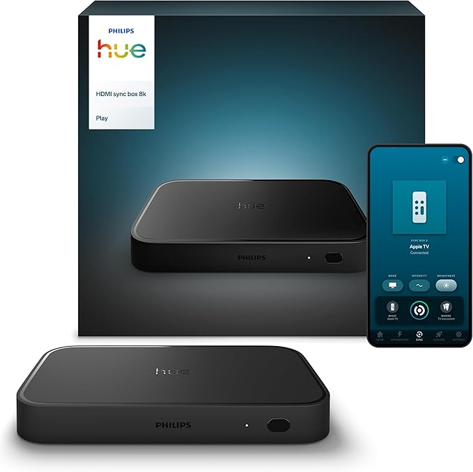 Philips Hue Play HDMI Sync Box 8K, Bezprzewodowy Synchronizator Dolby Vision - Możliwość Synchronizacji 10 Świateł Hue z Grami Wideo, Filmami i Muzyką - Wymagany mostek Hue - Sterowanie Aplikacją