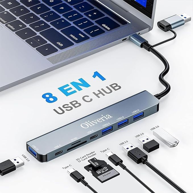 Koncentrator USB-C 3.0, wieloportowy adapter USB Hub 3.0 8 w 2 z czytnikiem kart SD i TF, portami USB 3.0 i USB 2.0, portem USB-C, do urządzeń MacBook Air/Pro, Galaxy, iPada, z systemem Windows itp. - obrazek 3