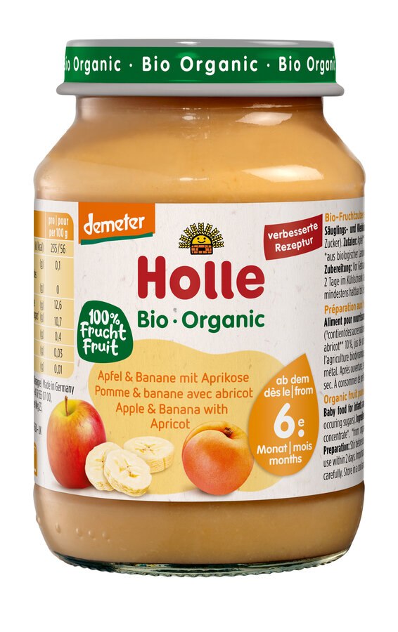 JABŁKO - BANAN - MORELA BEZ DODATKU CUKRÓW BEZGLUTENOWE OD 6 MIESIĄCA DEMETER BIO 190 g (SŁOIK) - HOLLE