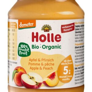 JABŁKO - BRZOSKWINIA BEZ DODATKU CUKRÓW BEZGLUTENOWE OD 5 MIESIĄCA DEMETER BIO 190 g (SŁOIK) - HOLLE