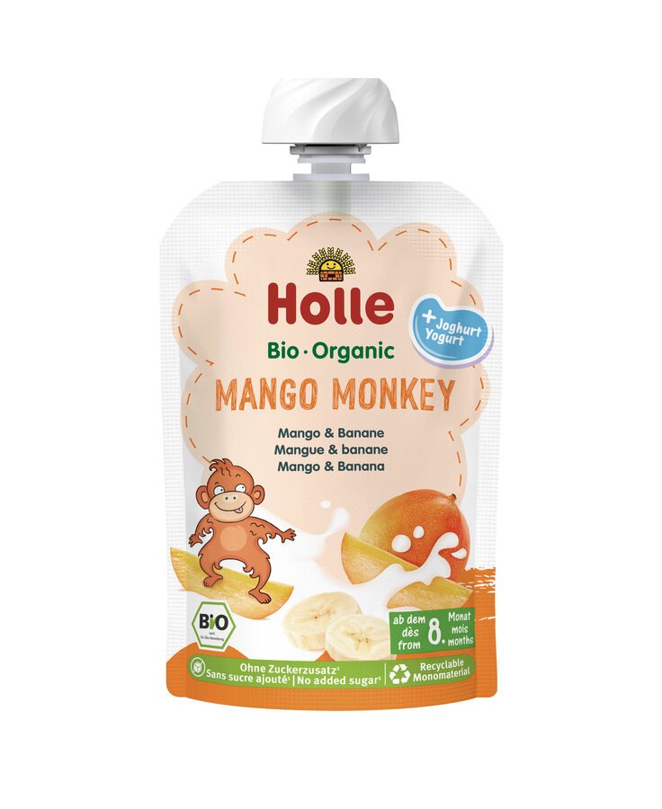 MUS MANGO MAŁPKA (JOGURT - MANGO - BANAN) BEZ DODATKU CUKRÓW OD 8 MIESIĄCA BIO 100 g - HOLLE