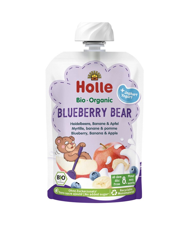 MUS BORÓWKOWY MIŚ (JOGURT - BORÓWKA - JABŁKO - BANAN) BEZ DODATKU CUKRÓW OD 8 MIESIĄCA BIO 100 g - HOLLE