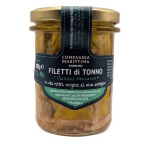 TUŃCZYK ŻÓŁTOPŁETWY FILETY W BIO OLIWIE Z OLIWEK EXTRA VIRGIN 185 g (SŁOIK) - COMPAGNIA MEDITERRANEA
