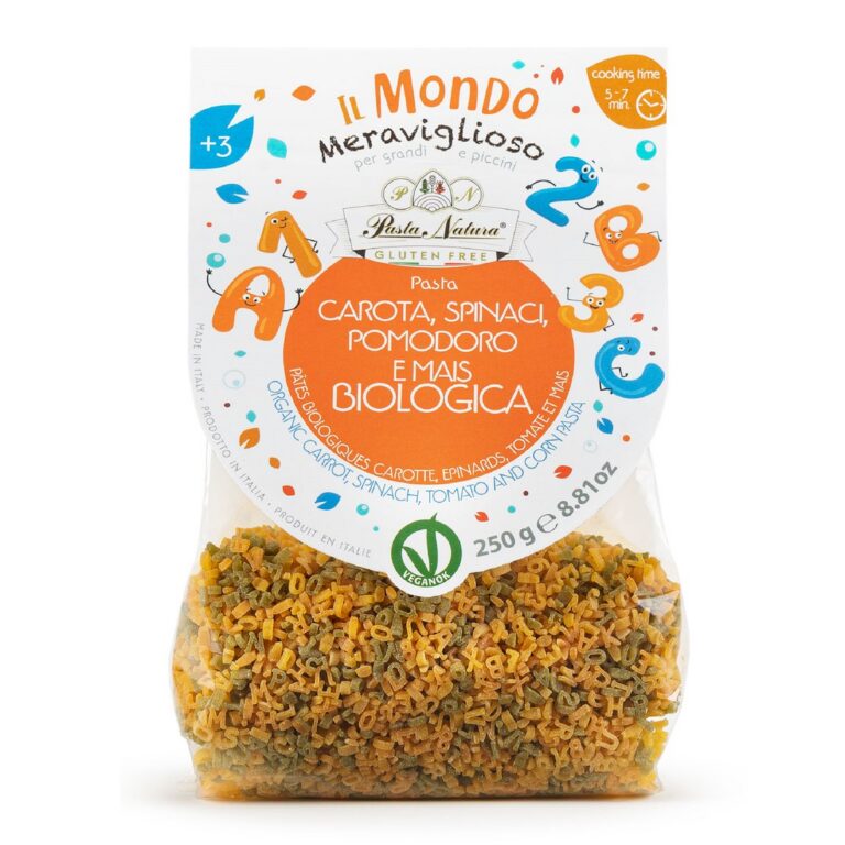MAKARON (KUKURYDZIANY TRÓJKOLOROWY) DLA DZIECI LITERKI I CYFERKI BEZGLUTENOWY BIO 250 g – PASTA NATURA