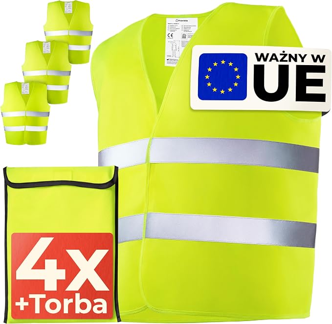 Zestaw 4 Kamizelek Odblaskowych z Torbą