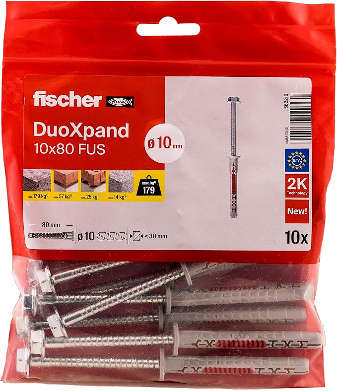 fischer DuoXpand 10 x 80 stóp, wysokiej jakości uniwersalne kołki rozporowe ze śrubą sześciokątną i formowaną tarczą U (10 szt.), kołki do mocnego trzymania, idealne do porowatych materiałów