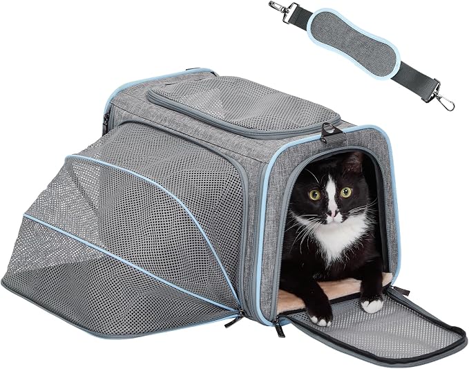Petsfit Składana torba transportowa dla kotów i psów, rozszerzalna, z paskiem na ramię, torba lotnicza, tkanina Oxford, rozm. M/szara/jednostronna