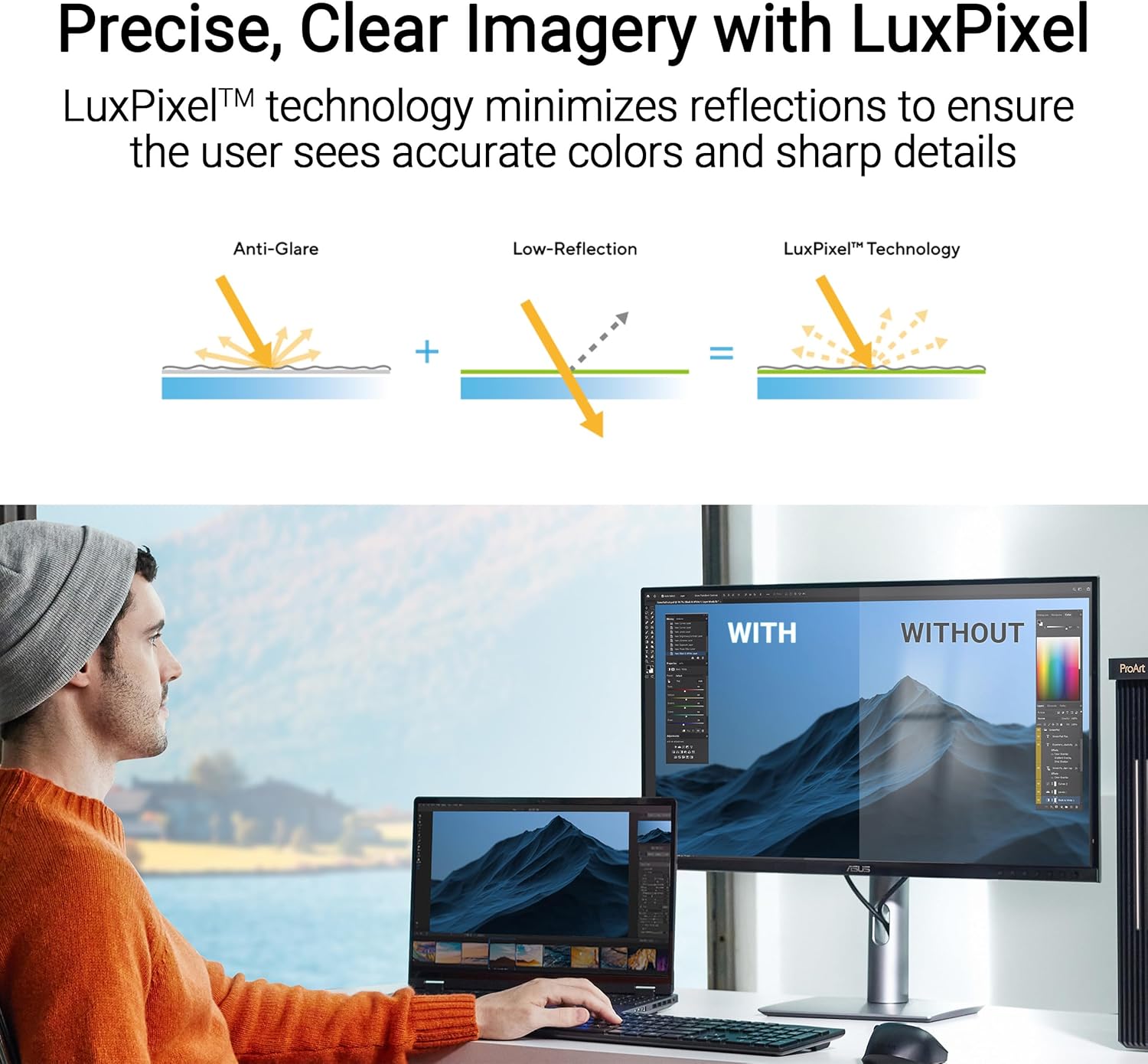 ASUS ProArt PA27JCV profesjonalny monitor 27" 5K - 16:9, 5120 x 2880, 10-bitowy, LuxPixel AGLR, Auto KVM, ergonomiczny, Calman, DisplayHDR 500 - DisplayPort, HDMI, 96 W USB-C, koncentrator USB - obrazek 6