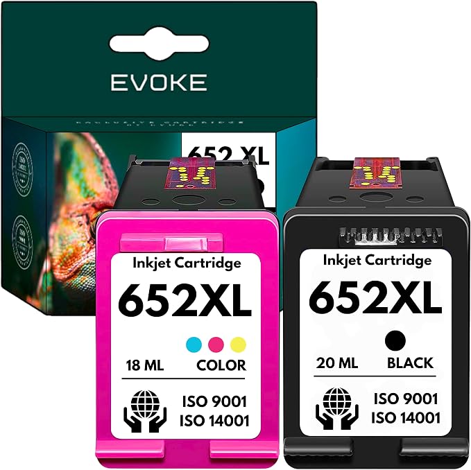 EVOKE 652 XL Zestaw tuszy kompatybilny z HP DeskJet 1115 2315 2135 3635 3785 3790 3835 4530 4535 (Zestaw Czarny + Trójkolorowy) 2280 Stron 38 ml