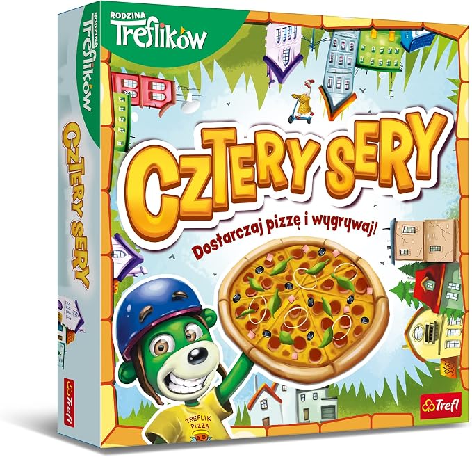 Trefl - Gra Cztery Sery, Gra Rodzinna,Rodzina Treflików | Dla Dzieci i Dorosłych 5+, Rodzinna Gra Planszowa, Dostarczaj Pizzę i Wygrywaj, Plansza i Karty Akcji, Familijna Gra