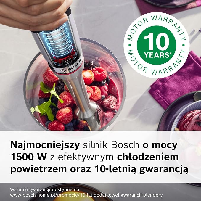 Bosch, blender ręczny, ErgoMaster Serie 8, silnik 1500 W, intuicyjna regulacja prędkości, 6-ramienne ostrze, akcesoria w zestawie, stal nierdzewna, MSM8M934 - obrazek 4